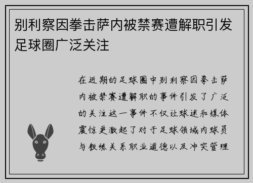 别利察因拳击萨内被禁赛遭解职引发足球圈广泛关注 别利察因拳击萨内被禁赛遭解职引发足球圈广泛关注